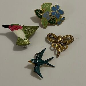 Colorful Enamel Bird and Flower Brooch Set